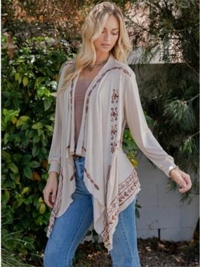 Young Threads Light Beige Embroidered Open-Front Drape Cardigan Sz S